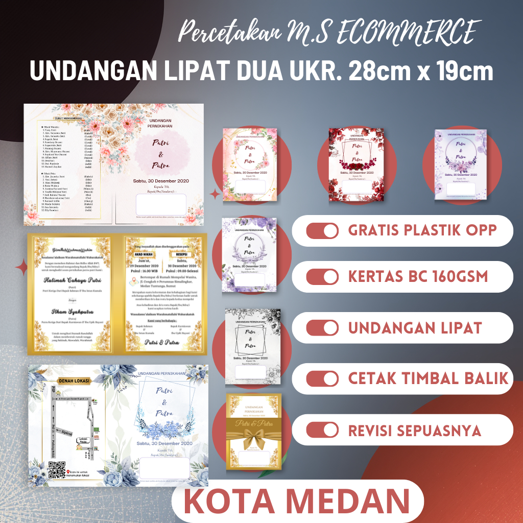 Undangan Kertas BC 150gsm Lipat 2 Ukuran 28×19 cm Undangan Pernikahan Khitanan Ngunduh Mantu